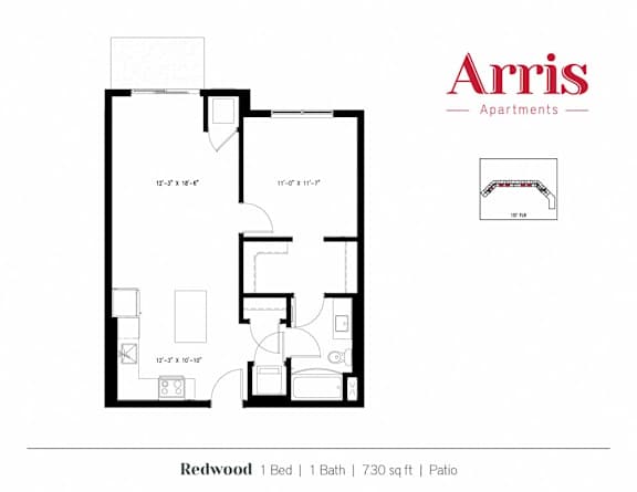 A floor plan for a 1 bedroom apartment with 1 bathroom and a patio sized 730 sq ft.