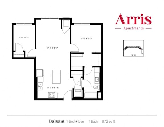 A floor plan for a 872 sq ft balsam apartment with one bed and one bath.