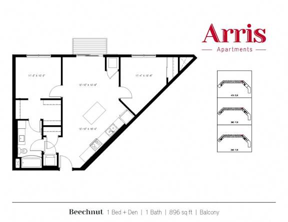 A floor plan for a one bedroom apartment with balcony.