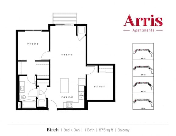 A floor plan for a 1 Bed + Den apartment with 1 Bath and a total area of 875 sq ft.