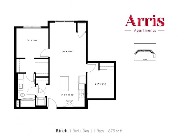 A floor plan for a 1 Bedroom, 1 Bathroom apartment at Arris Apartments.