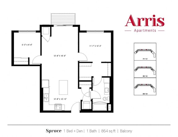 A floor plan for a Spruce apartment with one bedroom, one bathroom, and a balcony.