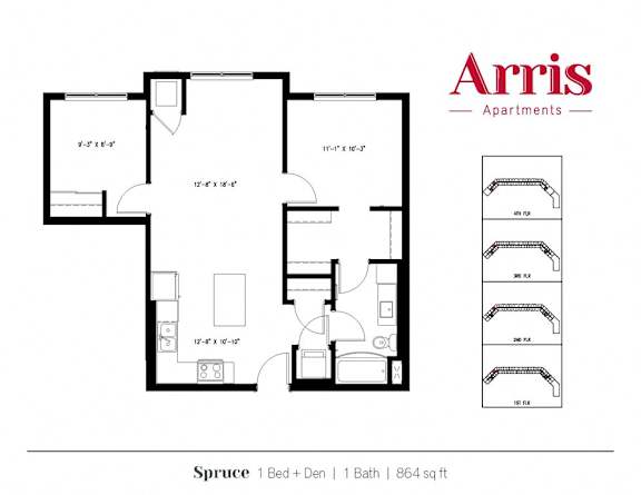 A floor plan for a Spruce apartment from Arris Apartments.
