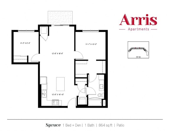 A floor plan for a Spruce apartment from Arris Apartments.
