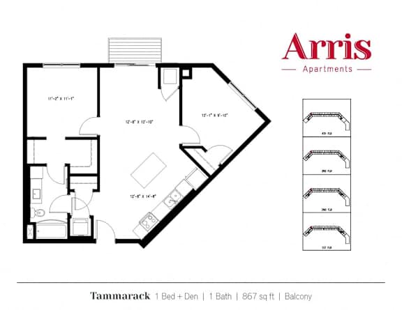 A floor plan for a one bedroom apartment with balcony.