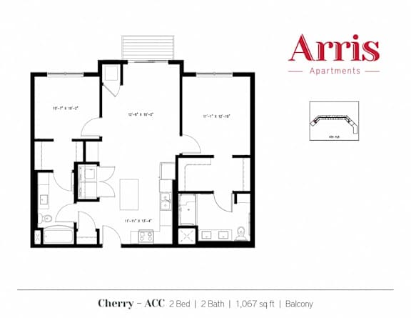 A floor plan for a 2 bedroom apartment with 2 bathrooms and a balcony.