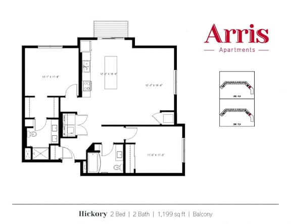 A floor plan for a 2 bedroom, 2 bathroom apartment at Arris Apartments.
