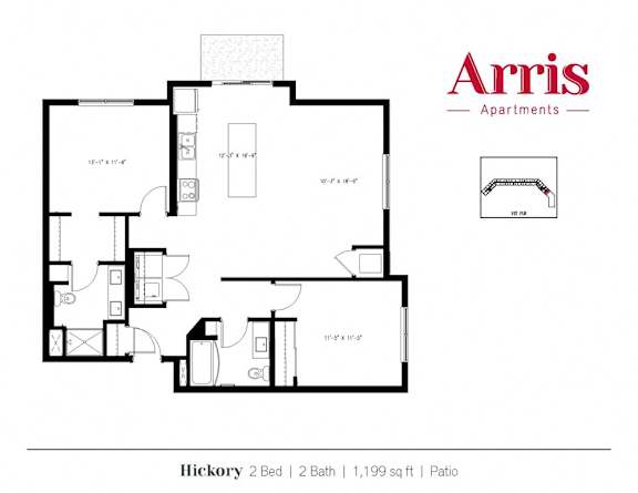 A floor plan for a 2 bedroom, 2 bathroom apartment with a patio is shown.