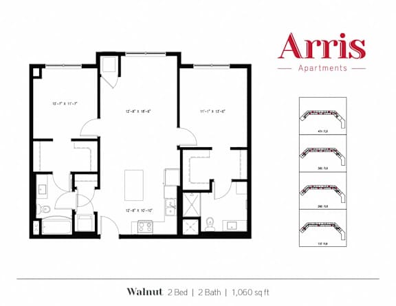 A floor plan for a 2 bedroom, 2 bathroom apartment sized at 1,060 sq ft.