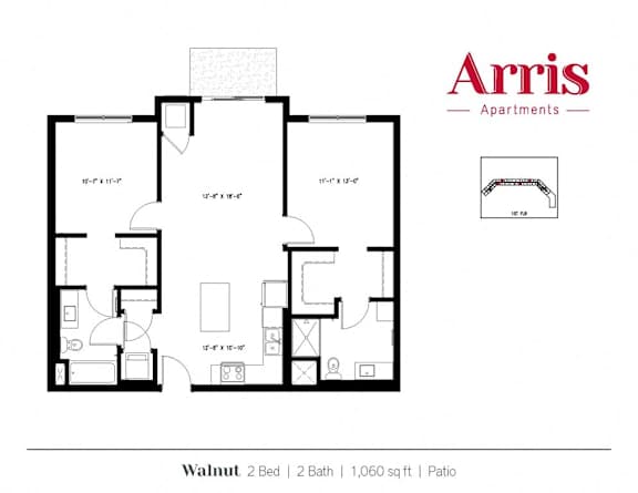 A floor plan for a 2 bedroom, 2 bathroom apartment with a patio.