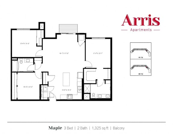 A floor plan for a 3 bedroom, 2 bathroom apartment sized at 1,325 square feet in the Arris Apartments.