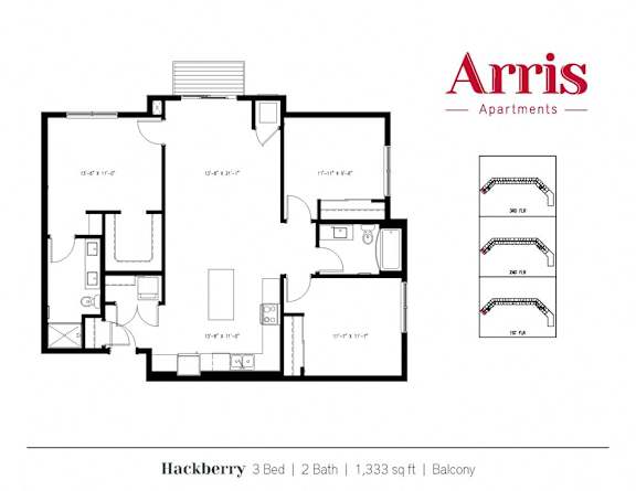 A floor plan for the Hackberry 3 Bed 2 Bath apartment at Arris Apartments.