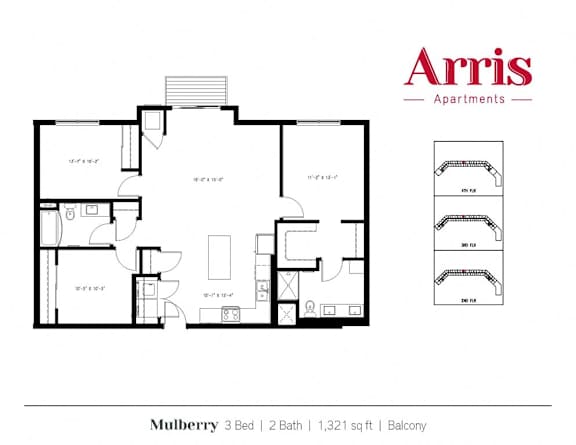 A floor plan for a 3 bedroom, 2 bathroom apartment by Arris Apartments.