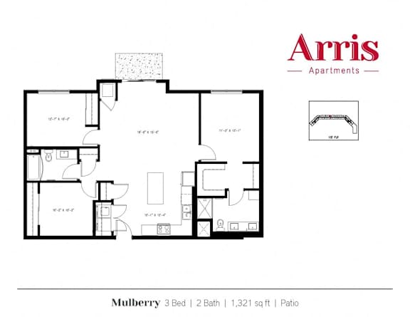 A floor plan for a 3 bedroom apartment with 2 bathrooms and a patio.