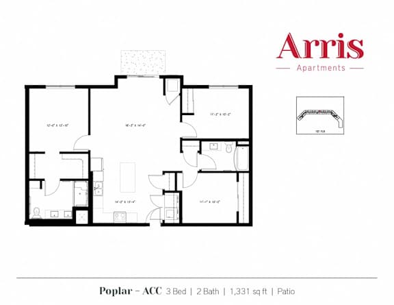 A floor plan for a 3 bedroom apartment with 2 bathrooms and a patio.