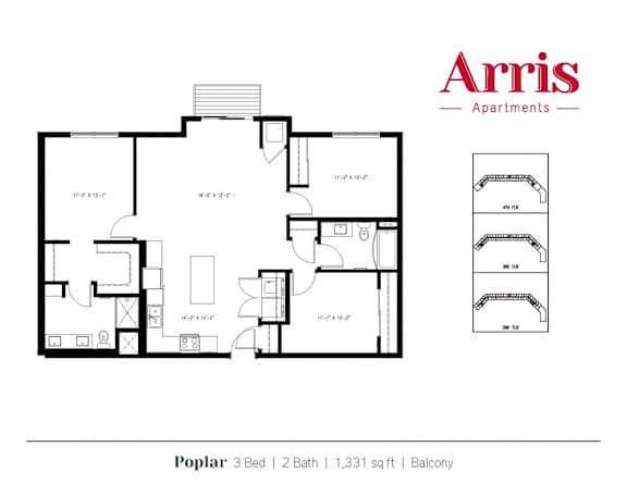 Floor Plan  A floor plan for a 3 bedroom, 2 bathroom apartment by Arris Apartments.