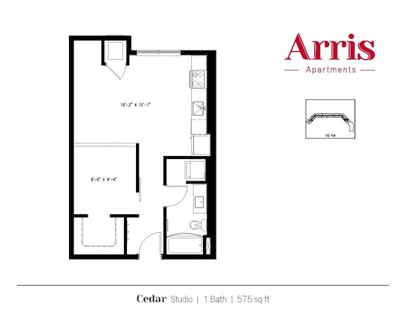 A floor plan for a 575 sq ft apartment by Arris Apartments.