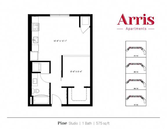 A floor plan for a 1 bathroom apartment at Pine Studio by Arris Apartments.