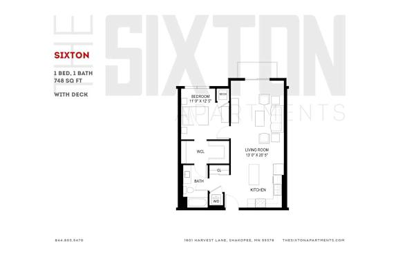 Floor Plan  A floor plan for a property called Sixton, which includes a living room, a bathroom, a kitchen, and a bedroom with a bath.