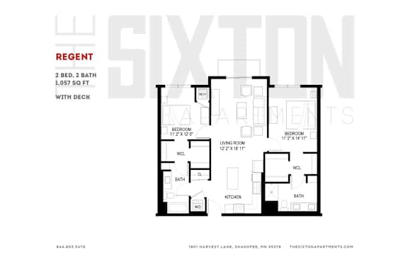 A floor plan for a regent sized apartment at the Sixton Apartments.