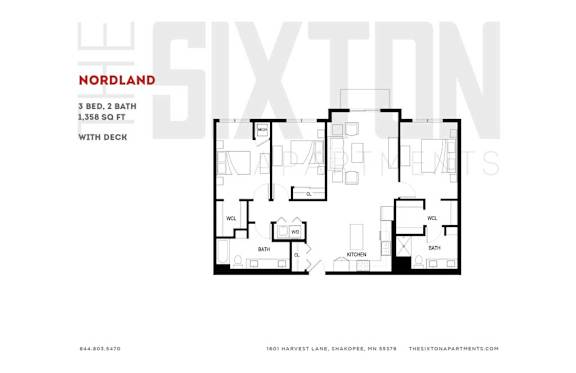 Floor Plan  A floor plan for a 3 bedroom, 2 bath apartment with a deck.