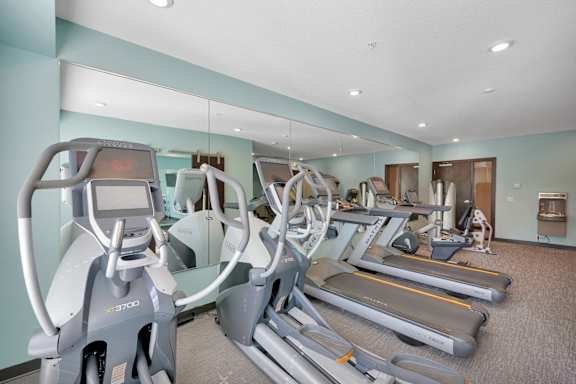 A gym with treadmills and exercise equipment.