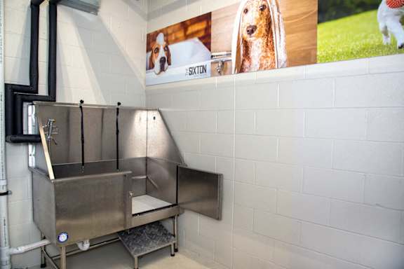 A stainless steel dog kennel with a blue label on it.