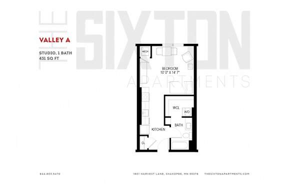 Floor Plan  A floor plan for a studio apartment at Valley A Sixton Apartments.