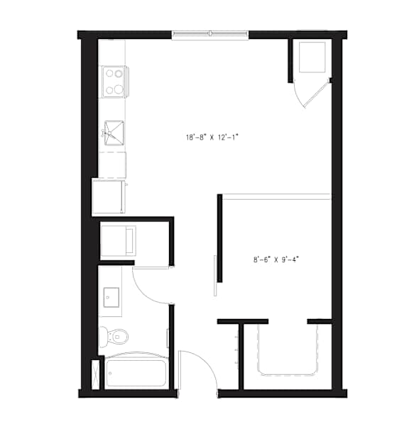 A floor plan for a 1 bedroom apartment with a bathroom and total area of 575 sq ft.