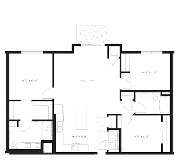 A floor plan for a 3 bedroom apartment with 2 bathrooms and a patio.