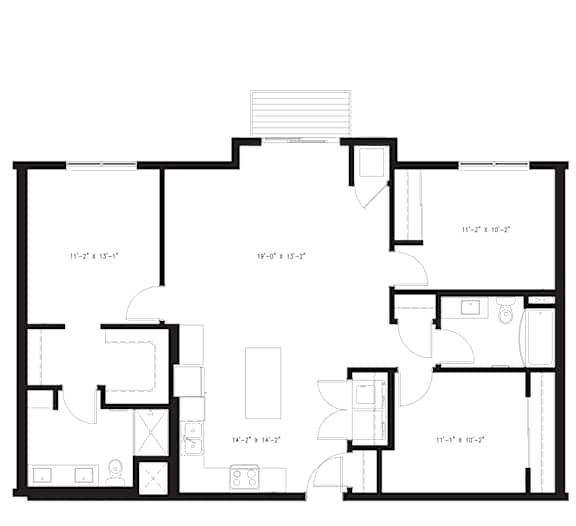 A floor plan for a 3 bedroom, 2 bathroom apartment by Arris Apartments.