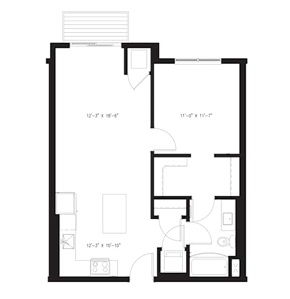 A floor plan for a 1 Bed | 1 Bath apartment from Arris Apartments.