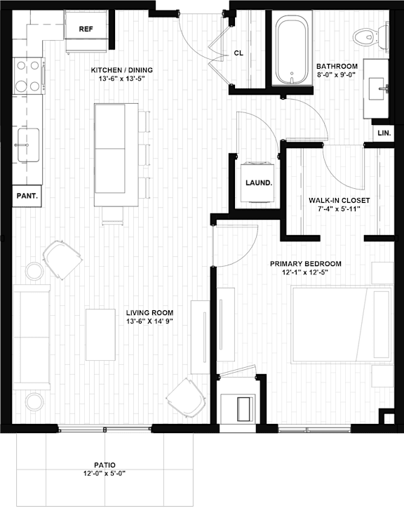 A floor plan of a house with a living room, kitchen, and bathroom.