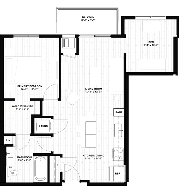 A floor plan of a Balcony, Primary Bedroom, Living Room, Bathroom, Kitchen/Dining area, Laundry, Walk-in Closet, and Paint and Ref sections.