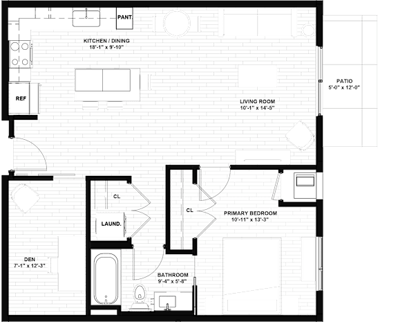 A floor plan of a house with a kitchen, dining area, living room, laundry room, bathroom, and two bedrooms.