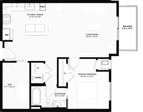 A floor plan of a house with a kitchen, living room, laundry, and bathroom.