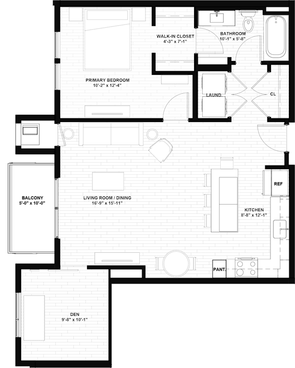 A floor plan of a house with a living room, kitchen, and two bedrooms.