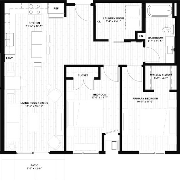 A floor plan of a house with a living room, kitchen, and two bedrooms.