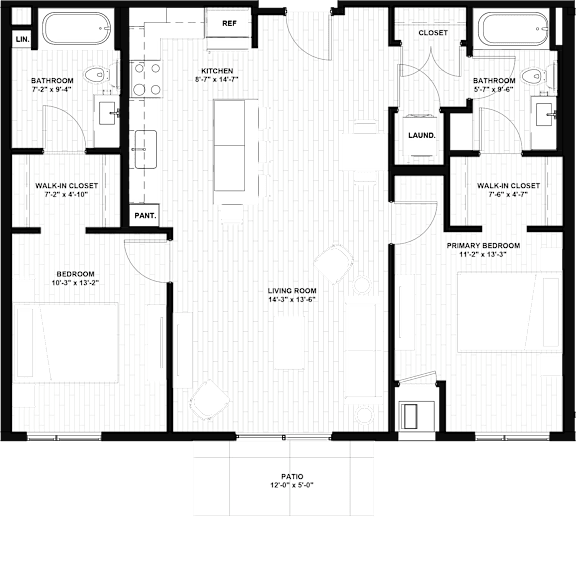 A floor plan of a house with a living room, kitchen, and two bathrooms.