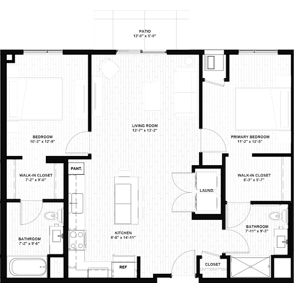 A floor plan of a home with a primary bedroom, living room, bathroom, and kitchen.