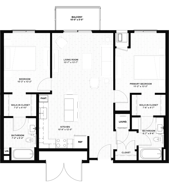 A floor plan of a house with a balcony and labeled rooms.