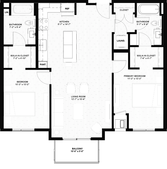 A floor plan of a house with a living room, kitchen, and two bathrooms.