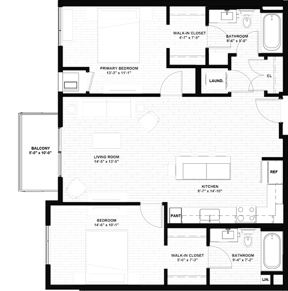 A floor plan of a house with a living room, kitchen, and two bedrooms.