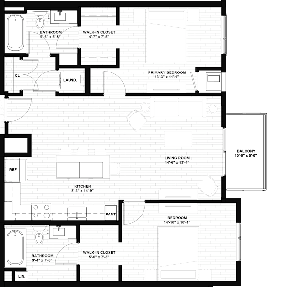 A floor plan of a house with a living room, kitchen, and two bathrooms.
