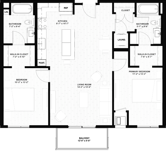 A floor plan of a house with a living room, kitchen, and two bathrooms.