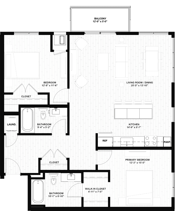 A floor plan of a house with a living room, dining room, kitchen, and bathrooms.