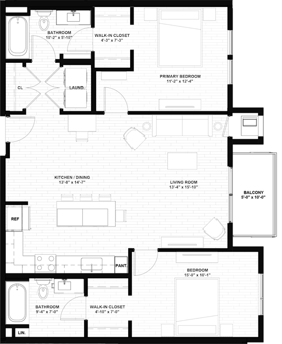 A floor plan of a house with a living room, two bedrooms, a bathroom, and a kitchen.