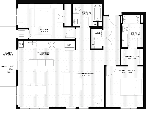A floor plan of a house with a balcony, kitchen, dining room, living room, and multiple bathrooms.