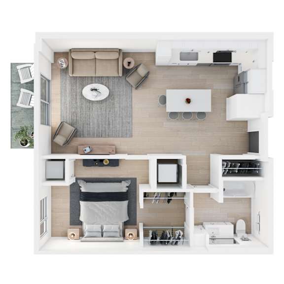 A top-down view of a modern, minimalist kitchen and living room.