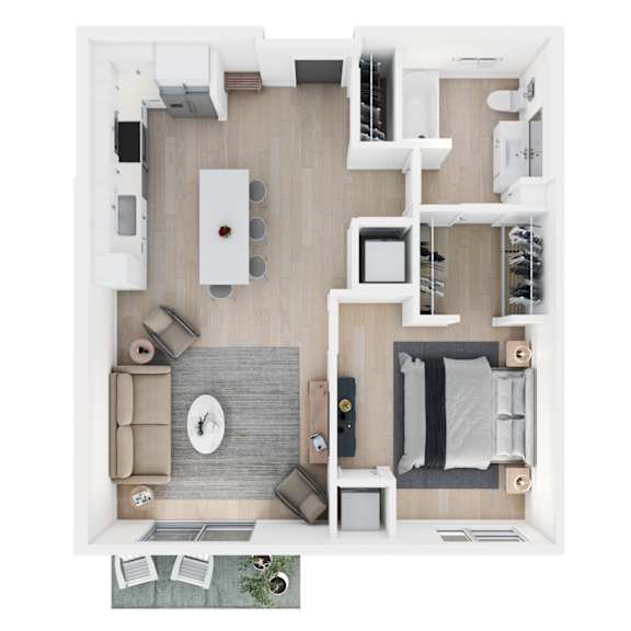 A top-down view of a modern apartment layout with a kitchen, living room, and bedroom.